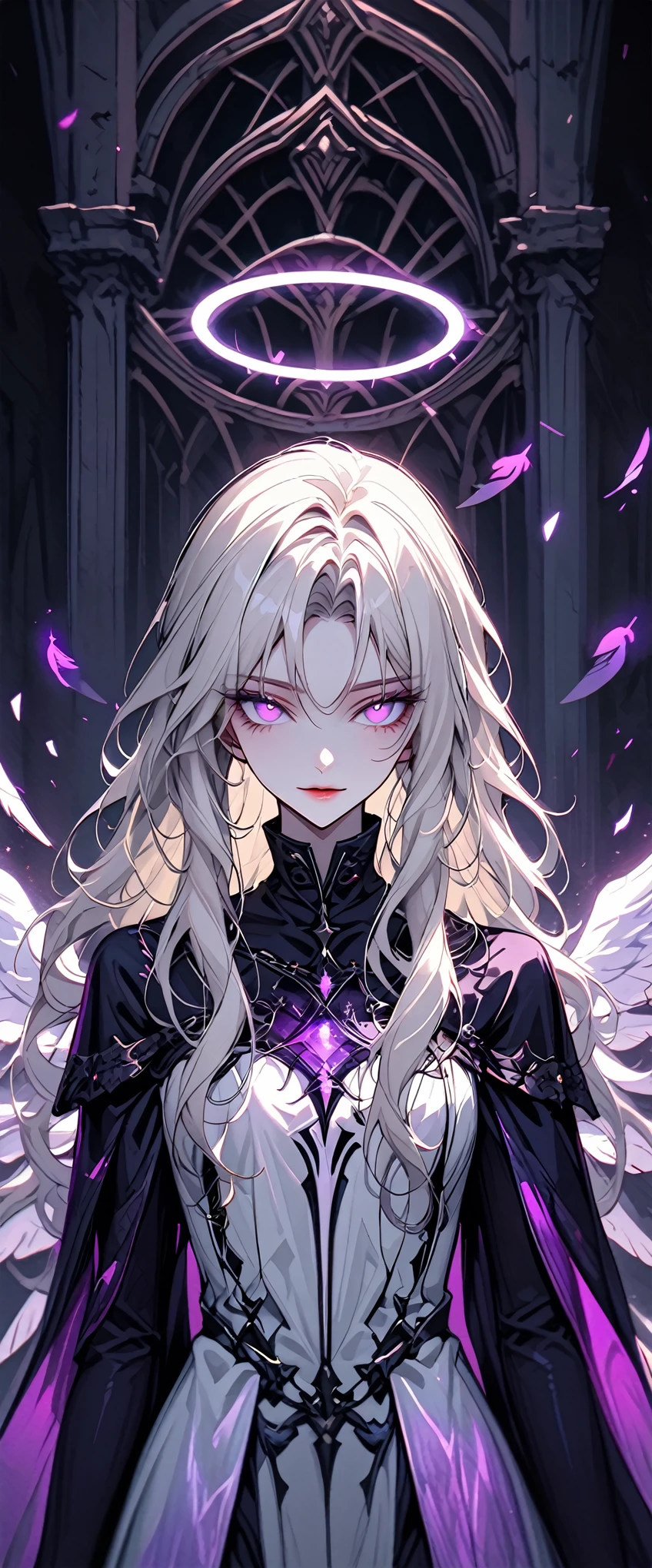 solo, female, close up, ethereal beauty, haunting mystery, celestial being known as a seraph, long hair, platinum blonde hair, wavy hair, shimmering hair, glowing hair, vibrant violet eyes, fair skin, almost translucent skin, elegant, graceful, slender build, commands respect and attention, large feathered wings, delicate wings, iridescent feathers, gentle smile, medieval, dark, divining magic, white glowing halo, fallen angel