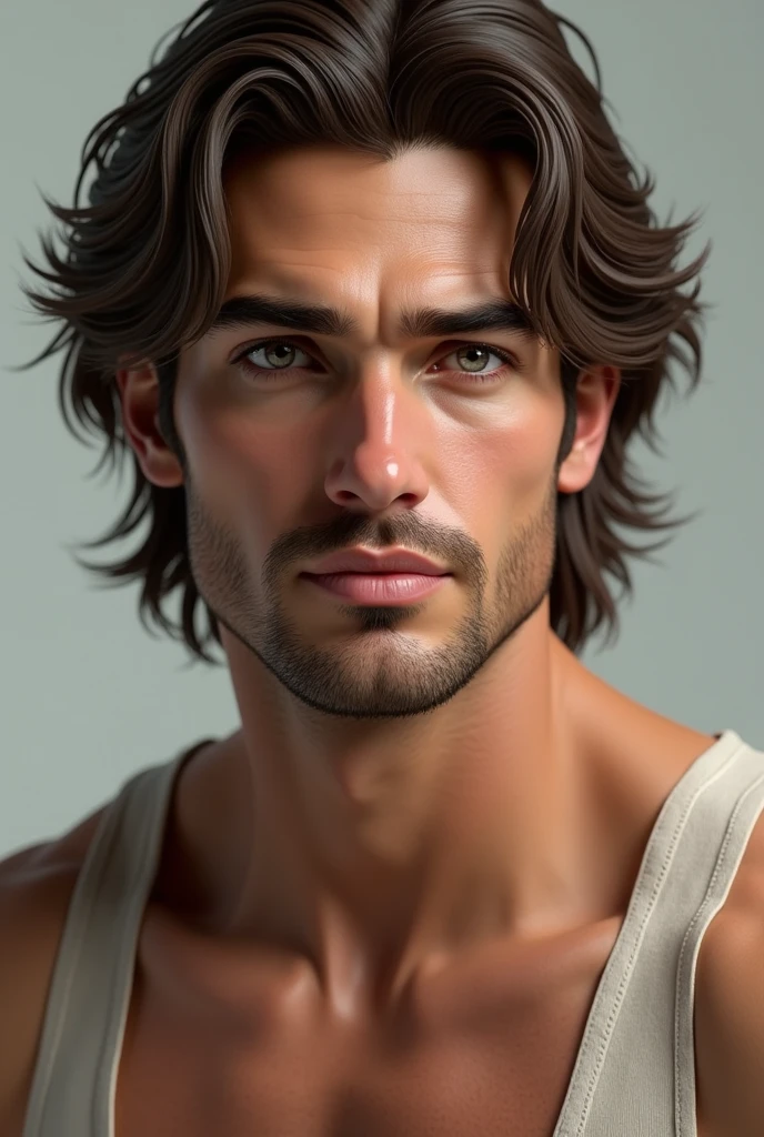 Handsome male figure with realistic body details, long wavy brown hair, high, white with gray eyes and a 2 face that looks sweet and has a tough look