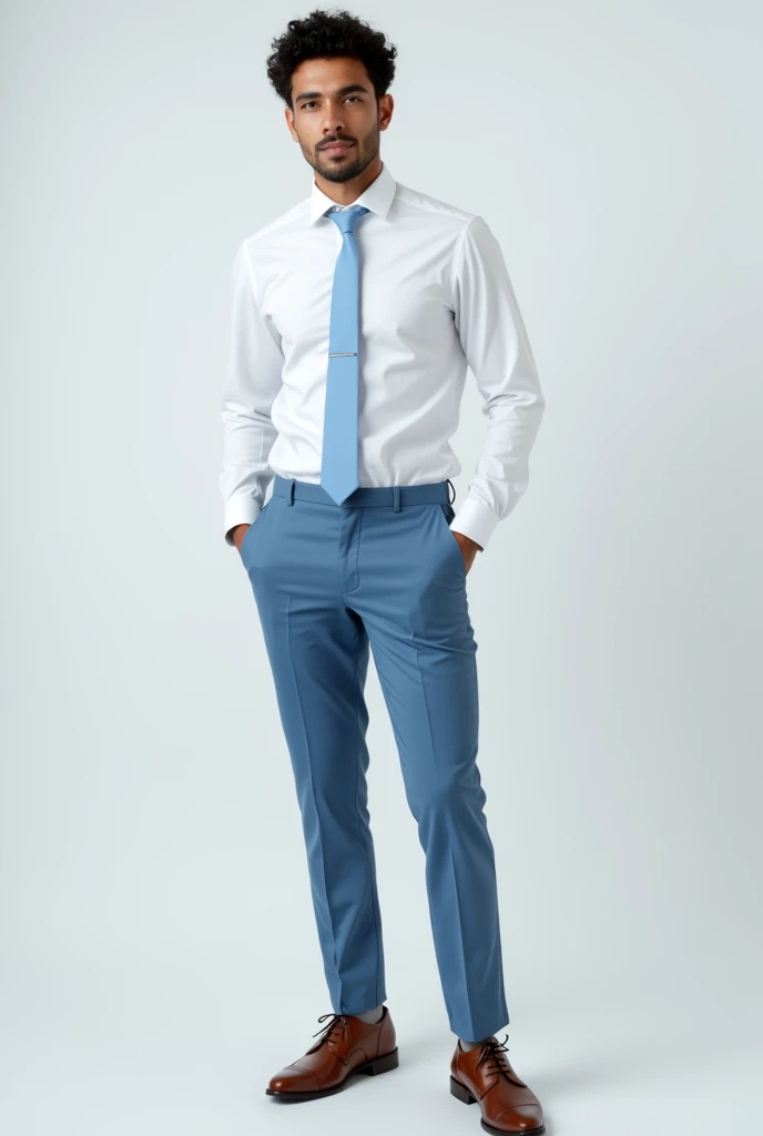 A young Brazilian man in a white dress shirt with a light blue tie and serenity blue dress pants , and brown shoe full body png background