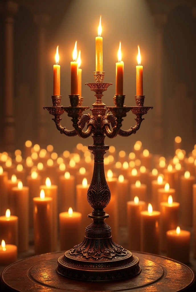 Create a Jewish tabernacle candlestick image with lots of small candlesticks in the background