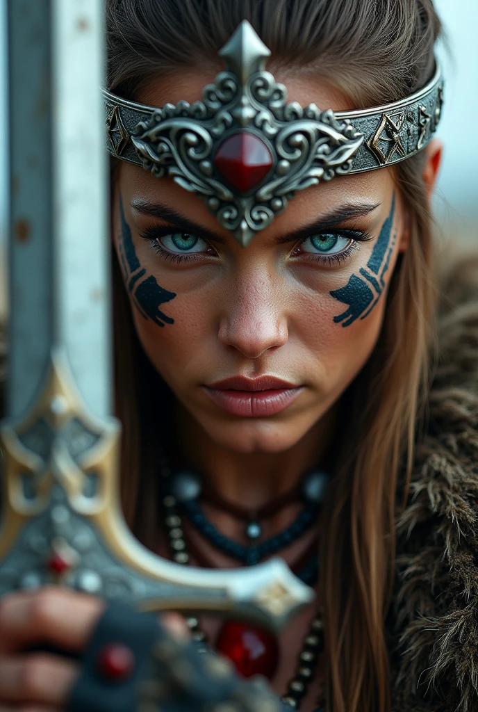 Close up viking warrior with sword in hand, Woman, blue eye, sword next to the face, large crown on head , red stone necklace around the neck, painted face, Angry