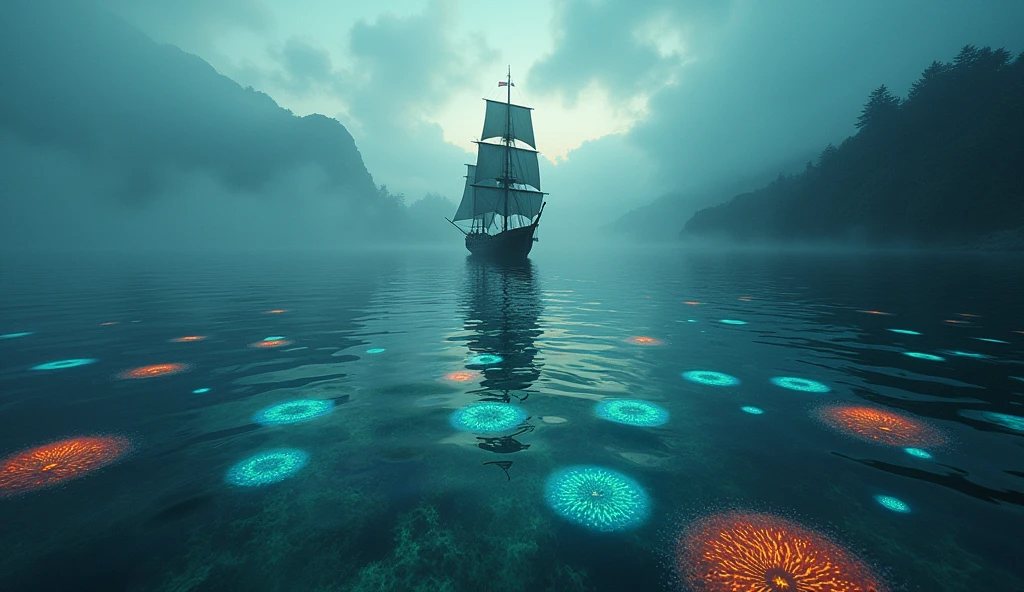 A cinematic and dark image of a ship with sails fully unfurled, gliding across a calm sea at dawn. The horizon reveals a mysterious land shrouded in mist, with towering mountains and dense jungles barely visible. Below the water’s surface, a network of glowing anemones radiates vibrant colors, starkly contrasting with the deep, dark waters. The anemones pulse rhythmically, as if in tune with an otherworldly underwater song, subtly drawing the ship toward the lost land. The scene is bathed in soft, eerie light, blending the tranquil dawn with an undercurrent of hidden danger and ancient secrets., Surrealism, Hyperrealism, UHD, retina, masterpiece, accurate, anatomically correct, textured skin, super detail, award winning, 16k