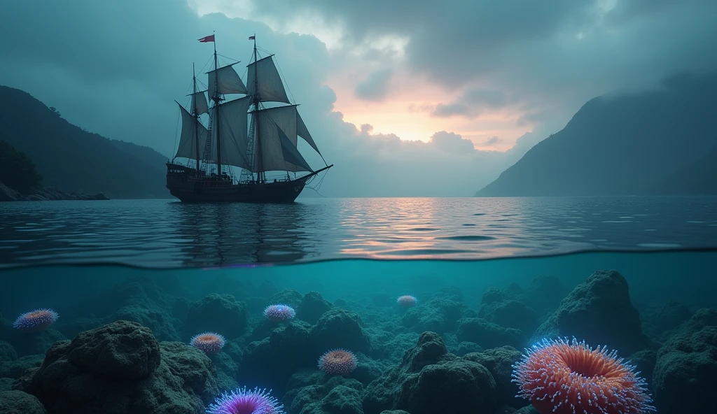 A cinematic and dark image of a ship with sails fully unfurled, gliding across a calm sea at dawn. The horizon reveals a mysterious land shrouded in mist, with towering mountains and dense jungles barely visible. Below the water’s surface, a network of glowing anemones radiates vibrant colors, starkly contrasting with the deep, dark waters. The anemones pulse rhythmically, as if in tune with an otherworldly underwater song, subtly drawing the ship toward the lost land. The scene is bathed in soft, eerie light, blending the tranquil dawn with an undercurrent of hidden danger and ancient secrets., Surrealism, Hyperrealism, UHD, retina, masterpiece, accurate, anatomically correct, textured skin, super detail, award winning, 16k
