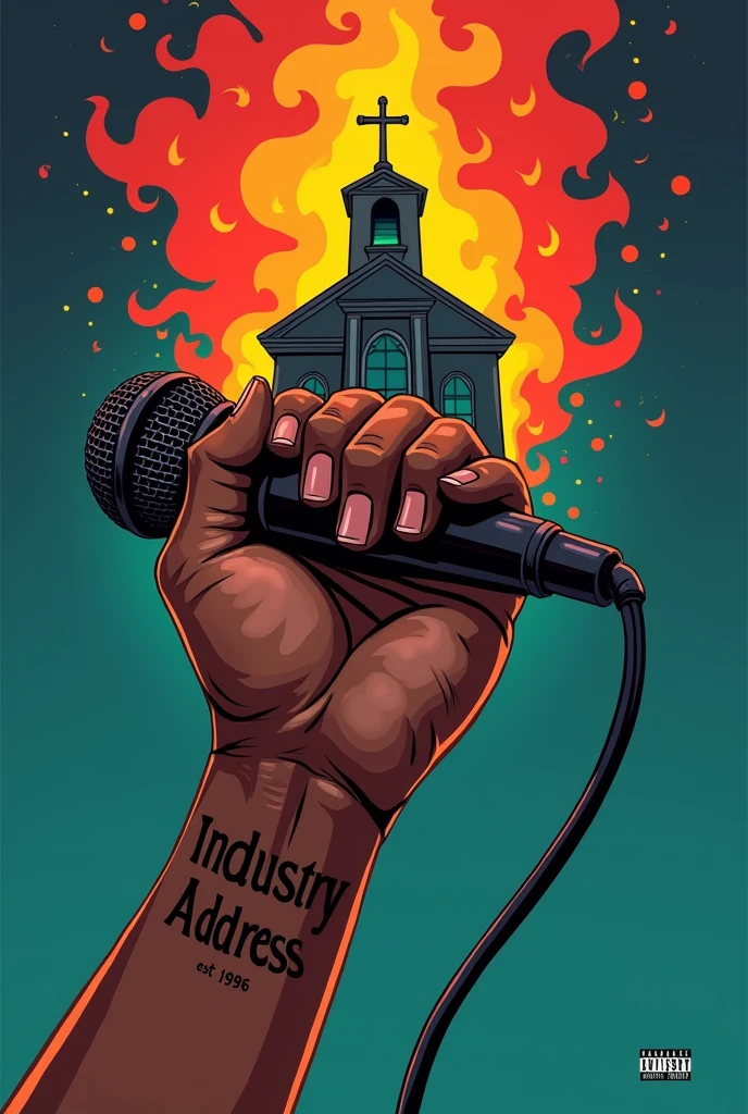 A Hip-hop song cover art with titled "INDUSTRY ADDRESS." Also on it there should be a muscular African hand with a clearly written tattoo "LiB Dax EST 1996" holding a microphone. At the end of the microphone rope there should be a burning church 