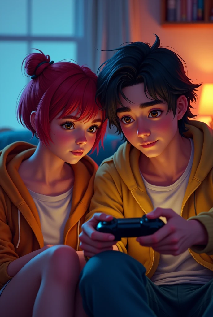 A girl white with haircut very short, red hair, playing videogames with a boyfriend, a man swarm with haircut very long, han blackhair