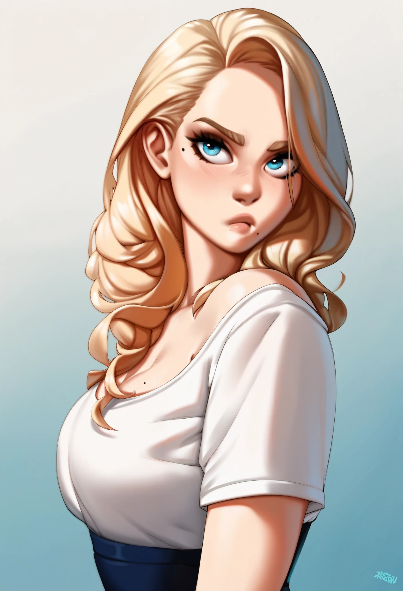 score_9, score_8_up, score_7_up, score_6_up, score_5_up, score_4_up, source_cartoon, rating_safe, by stopu4, 1girl, pale skin, beauty mark under one eye, pout, large eyelashes, white shirt, medium breasts, portrait, torso shot, long straight blonde hair,