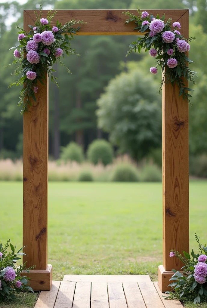 I want an image of a wide wooden bridal arch that is straight not curved and that only in both upper corners there is a symmetry of purple carnations with little green leaves. In the lower part I don't want anything. I want it to be simple and outdoors.