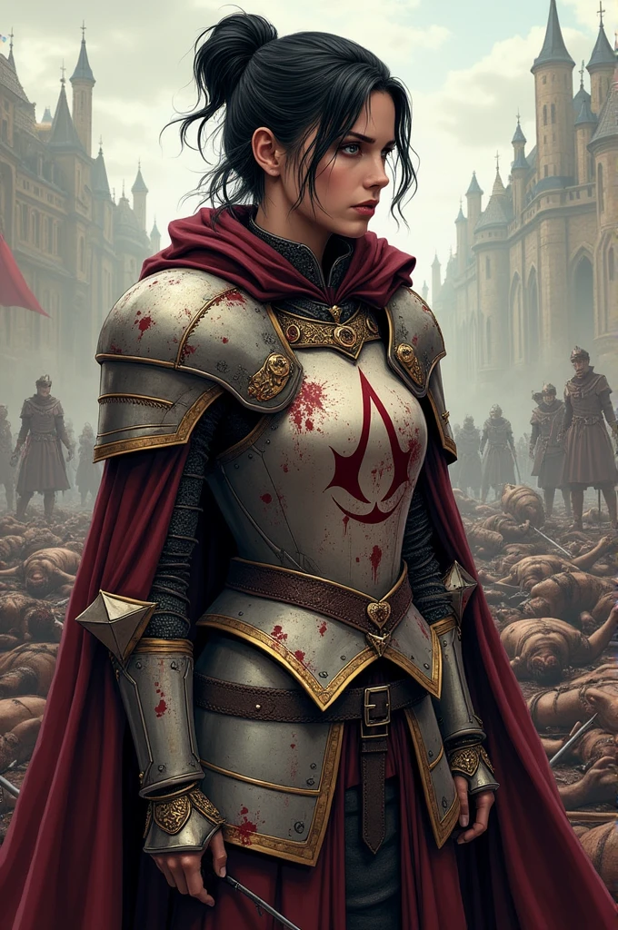 Jennifer carpenter as renaissance knight, with black hair in messy bun. Grey eyes. Has maroon cape. She is standing on the field. her ornate noble light armor with assassins creed emblem is very stained with blood. There is pile of dead renaissance bodies near her. Semi realistic comics style.