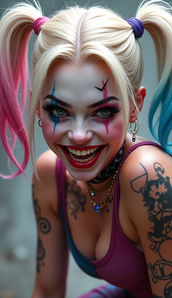 Harley Quinn. White and pink hair. tatuados. Grinning. smudged makeup