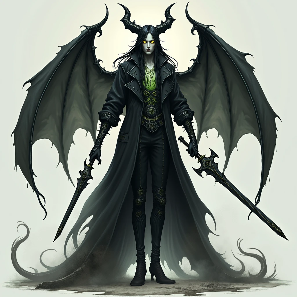 Full-body image of a slender man with long black hair, wielding a glowing green sword. He wears a black trench coat adorned with green details. His arms up to the elbows and legs up to the knees are covered in a black slime. He has two demonic black wings and wears a crown with black horns. His skin is pale, and his eyes glow a bright yellow. The background is simple, ensuring focus remains on the character, RPG style