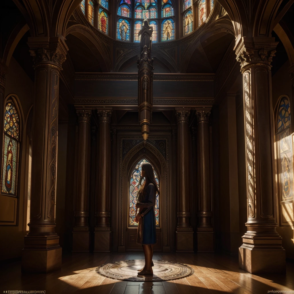 Slavic temple, ornate architecture, Neoplatonism,Slavic gods, detailed columns, complex carving, dramatic lighting, luminous stained glass, Current figures in clothes, calm religious atmosphere, fantasy Slavic mythology, unearthly and mystical atmosphere, (Best quality,8 thousand.,a high resolution,masterpiece:1.2),Ultra detailed,(realistic,photorealistic,photo-realistic:1.37),dramatic lighting светотеней,Volumetric light beams,ornate gothic architecture,fantastic religious images,Deep colors. Neoplatonic religion. Platonism.