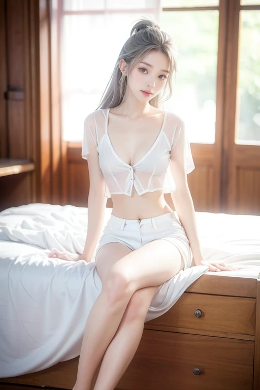 Top quality, RAW Photo, Highest Quality Image, 16K, Full body, Age 22, Realistic, Photorealistic,  Beautiful Asian woman, Sexy, body, White pale skin, Silver Hair,, dreadlocks hairstyle, Bob Marley hairstyles, Detailed face, Detailed body, Detailed skin, Double eyelids, Big eyes, long eyelashes, bright eyes, green eyes, natural lips, detailed lips, Saggy breasts, Very Small breasts, Flat Breasts, long shape breasts, posing in bedroom studio, sunny day light, wearing white see through crop top with all buttons are unbuttoned, no bra, Has Tattoo on the top of rhe chest