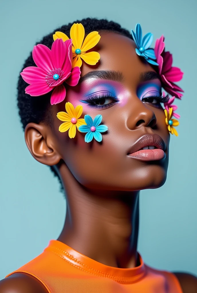 Create facial makeup with flowers, only flashy makeup ,of colorful flowers made only of futuristic and unique makeup
, for light brown skin