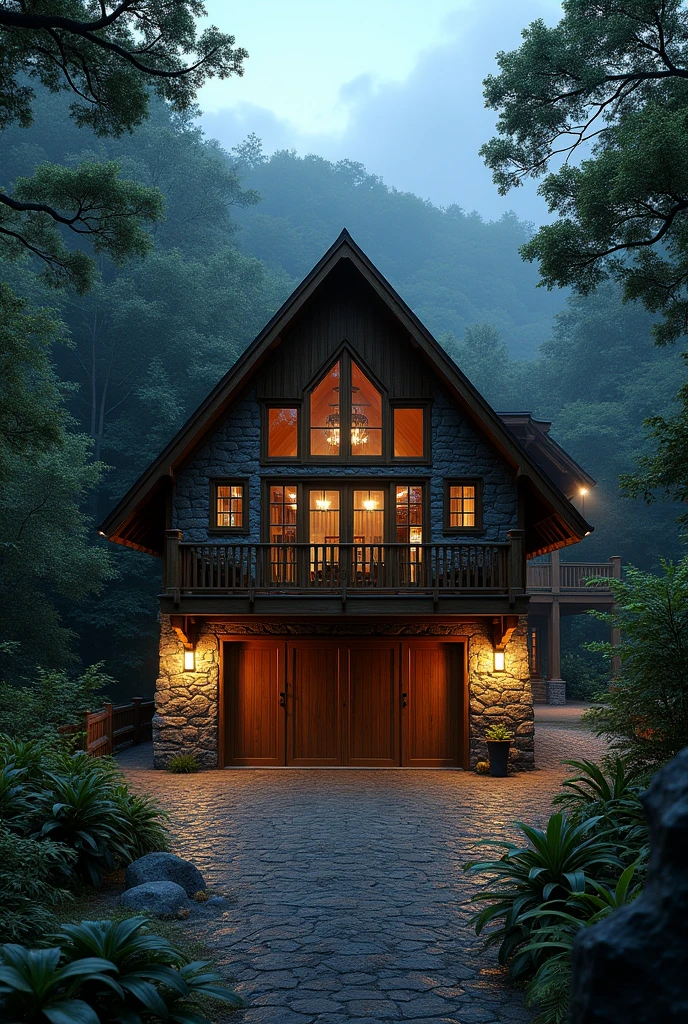 Show me a rustic one-story house made of stone and wood, with large windows, with garage located in the middle of a humid forest, at night and with the spotlights on