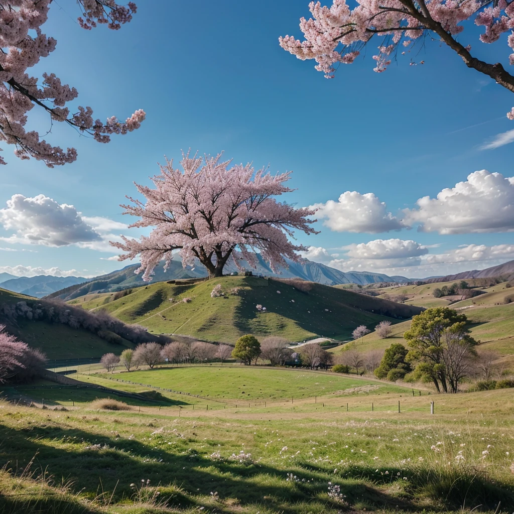 A big cherry blossom tree on the right side of the canvas. A mountain on the center.  A grassland below the canvas and clouds