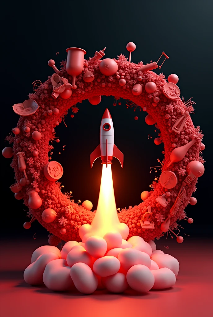 Create a 3D render featuring a circular arrangement symbolizing a 360-degree cycle, filled with artistic elements including musical instruments, theater masks, paint palettes, and musical notes. The elements should be intricately placed around the circle, blending into each other to represent the harmony between music, art, and theater. In the center of the circle, a 3D rocket is taking off, symbolizing creativity and inspiration. All elements should be in various shades of red, set against a predominantly black and red background, emphasizing the depth and vibrancy of the 3D scene."