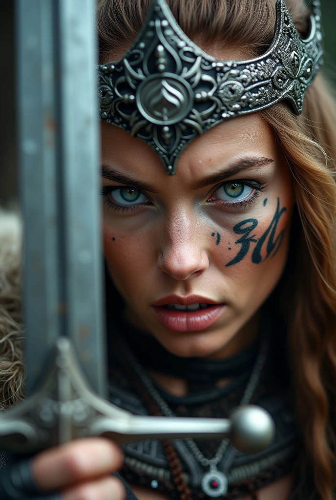 Close up viking warrior with sword in hand, Woman, blue eye, sword next to the face, large crown on head , beautiful necklace on the neck,  tattooed face, Angry