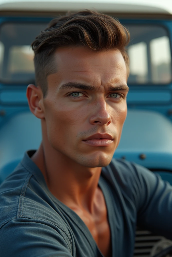 PIN-UP, breathtaking, hyper-realistic HOLLYWOOD glamour, soft lighting, subsurface scattering, realistic, 1 man, beautifull, gorgeous, perfect realistic, adorable face, masculine gaze, sexi look, soft perfect white skin, blue eyes, perfect anatomy, starting to the viewer, by a metal blue land rover car, Photorealistic, Hyperrealistic, Hyper-detailed, masterpiece, best quality, ultra realistic, 8k, Intricate, High Detail, film photography, professional, highly detailed, global illumination, vignette