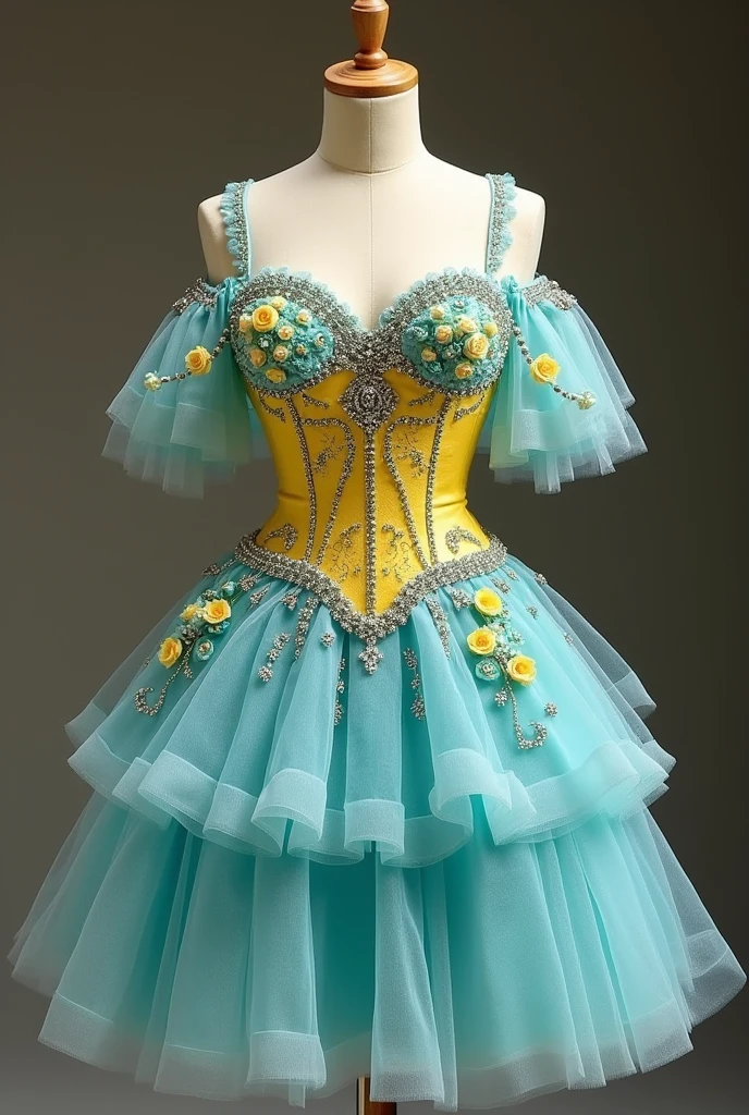 Glamorous romantic style short dress with multi-layered skirt in turquoise sparkling tulle with rhinestones, gliter, diamond that does not go past the knee and yellow corset at the waist with a neckline between the bust that reaches the waist, the neckline with bipiur embroidered lace and many highlighted yellow and light blue flowers throughout the 3d corset and rhinestones and with floating sleeves