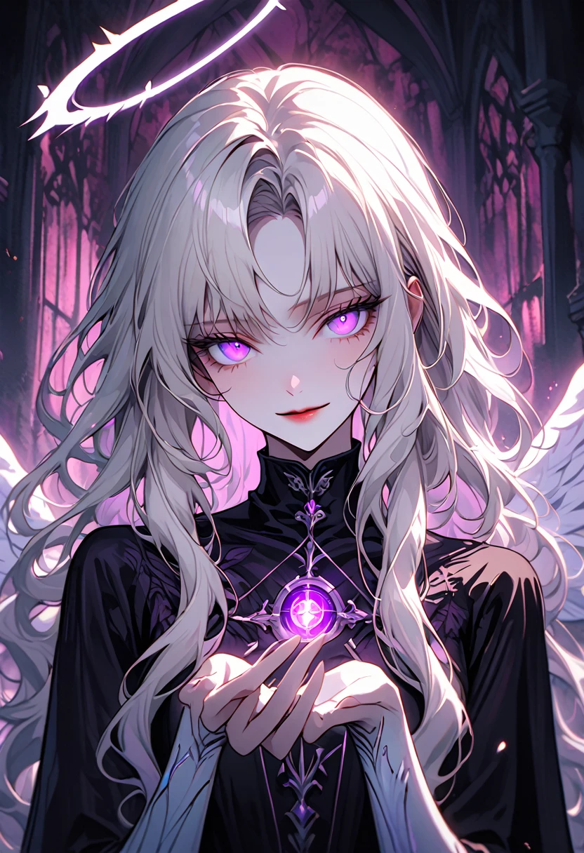 solo, female, close up, ethereal beauty, haunting mystery, celestial being known as a seraph, long hair, platinum blonde hair, wavy hair, shimmering hair, glowing hair, vibrant violet eyes, fair skin, almost translucent skin, elegant, graceful, slender build, commands respect and attention, large feathered wings, delicate wings, iridescent feathers, gentle smile, medieval, dark, divining magic, white glowing halo, fallen angel, gentle smile, holding a vision of the future in her hands