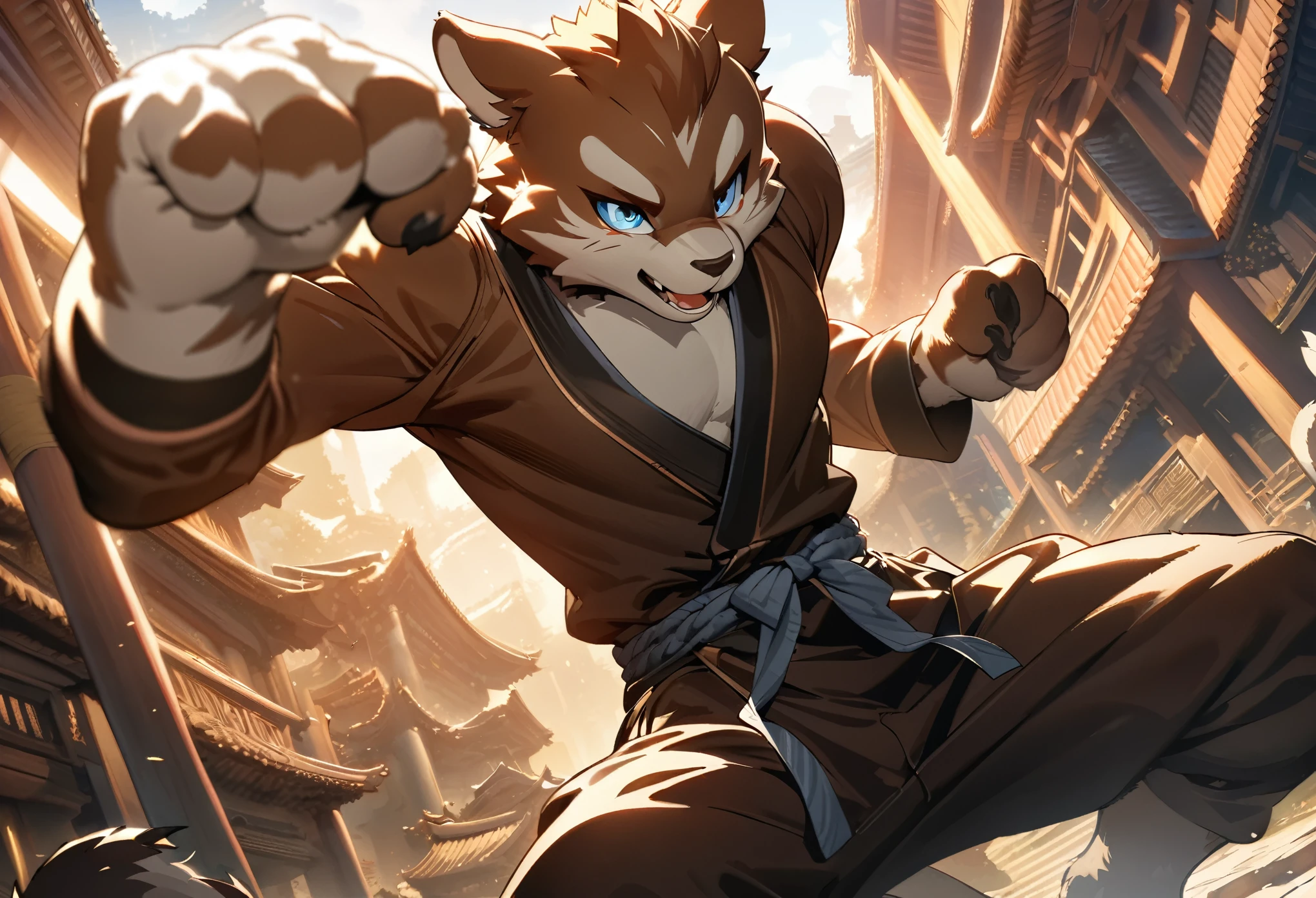 dynamic angle, top quality, best quality, High-quality illustrations, masterpiece, super high resolution, detailed background, detailed background, kung fu film, action, absurdres(highly detailed beautiful face and eyes)perfect anatomy, expression, good lighting, cinematic shadow(kemono, furry anthro),