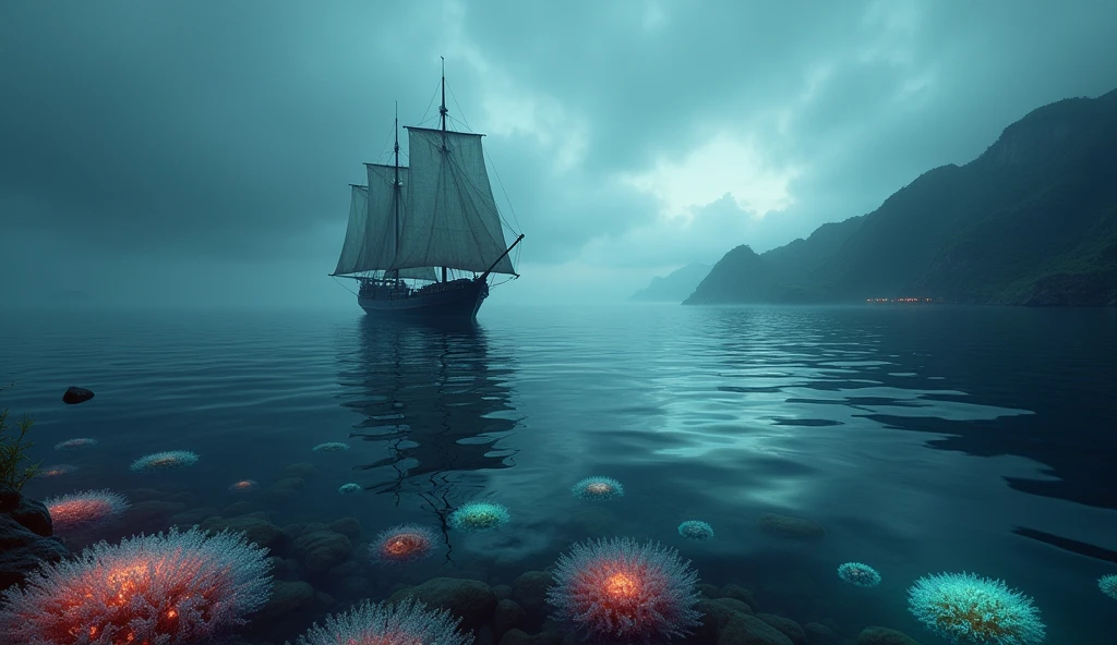 A cinematic and dark image of a ship with sails fully unfurled, gliding across a calm sea at dawn. The horizon reveals a mysterious land shrouded in mist, with towering mountains and dense jungles barely visible. Below the water’s surface, a network of glowing anemones radiates vibrant colors, starkly contrasting with the deep, dark waters. The anemones pulse rhythmically, as if in tune with an otherworldly underwater song, subtly drawing the ship toward the lost land. The scene is bathed in soft, eerie light, blending the tranquil dawn with an undercurrent of hidden danger and ancient secrets., Surrealism, Hyperrealism, UHD, retina, masterpiece, accurate, anatomically correct, textured skin, super detail, award winning, 16k