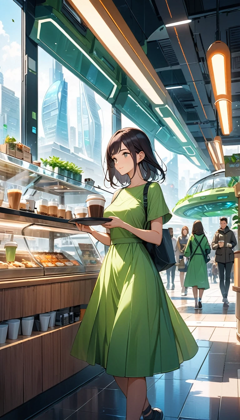 Beautiful young dark haired woman dressed in a green dress buying a cup of coffee inside an eco-friendly cafe, Everyday scene of an eco-futuristic city, room with good lighting, large glass windows, People walking on the streets of a big ecological futuristic city, renewable energies, clean street food stalls