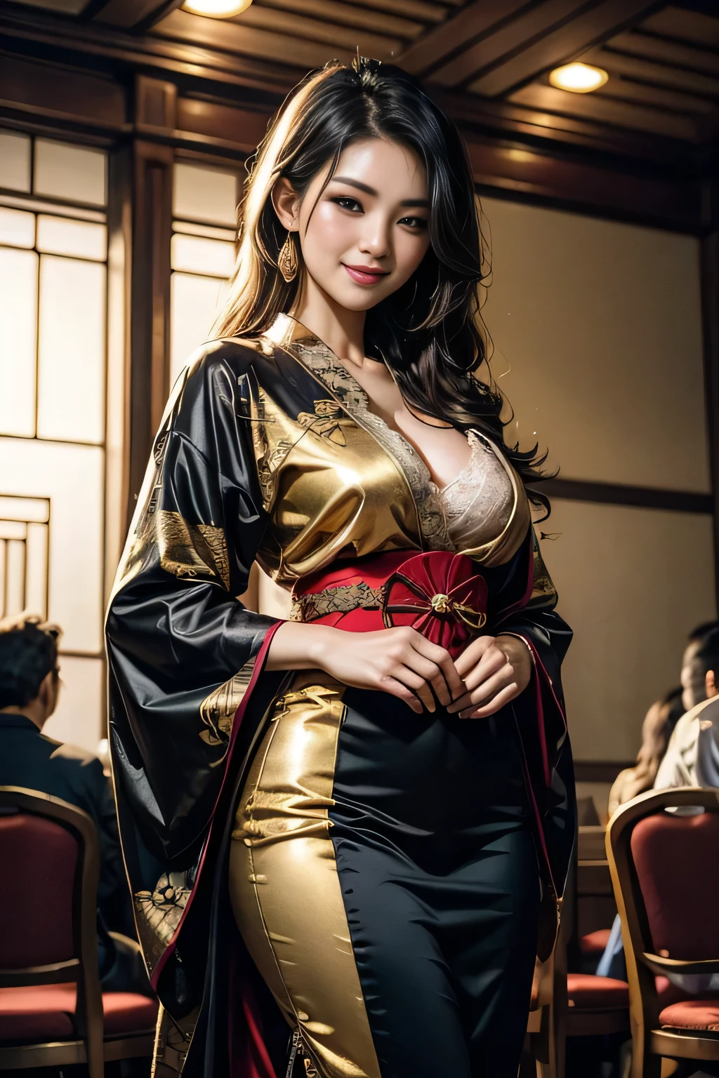 sfw, Beautiful Asian woman with a flirtatious smile, Super busty Ronin wearing a gold lace kimono, Meiji Restoration, blue eyes, focused on the audience, Jimbo's, cleavage, Drop your shoulders, hd, Uhd, WLOP, art germ, braided hairstyles, big anime eyes, realistic eyes, very detailed目, natural skin, natural skin texture, Scattered beneath the surface, calm colors, skin pores, perfect face, perfect eyes, perfect lips, supple female form, Brilliant, cinematic, film light, very detailed, surreal, masterpiece, in the atmosphere, High resolution, lively, high contrast, dark angle, 8k, hdR, 500 pixels, view from above, half body portrait, wearing bra,((skinny waist)), young asian girl, ((big breasted)),