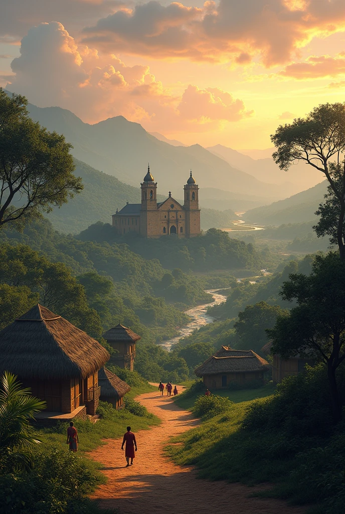 View of the Jesuit Missions at dawn, with Guarani villages.
