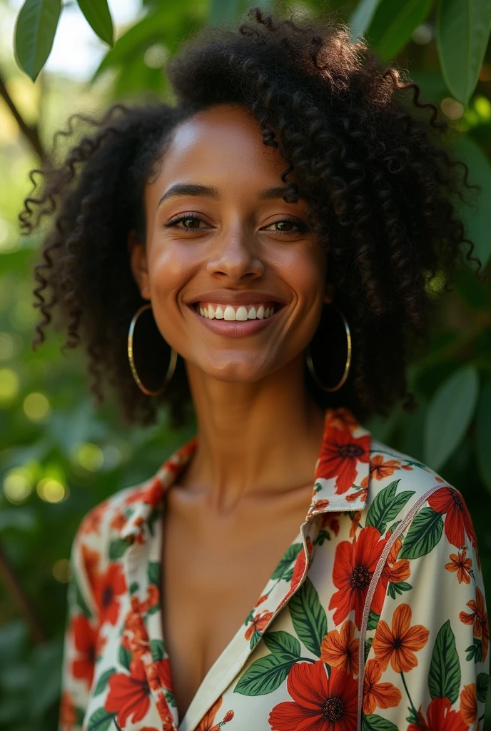 A Brazilian woman in a lush tropical garden, wearing an open shirt with a floral print, with a close-up capturing the harmonious beauty between her breasts and the natural flowers, showing off your natural charm and outgoing personality.