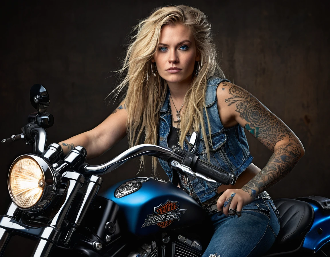 A woman with a rude appearance, long messy blond hair, wearing bohemian style clothing, blue eyes, tattoos on her arms, detailed face, sitting on black Harley Davidson V-Rod heavy bike, highly detailed, 8k, photorealistic, studio lighting, portrait, dynamic pose, dramatic lighting, warm color tones, moody atmosphere