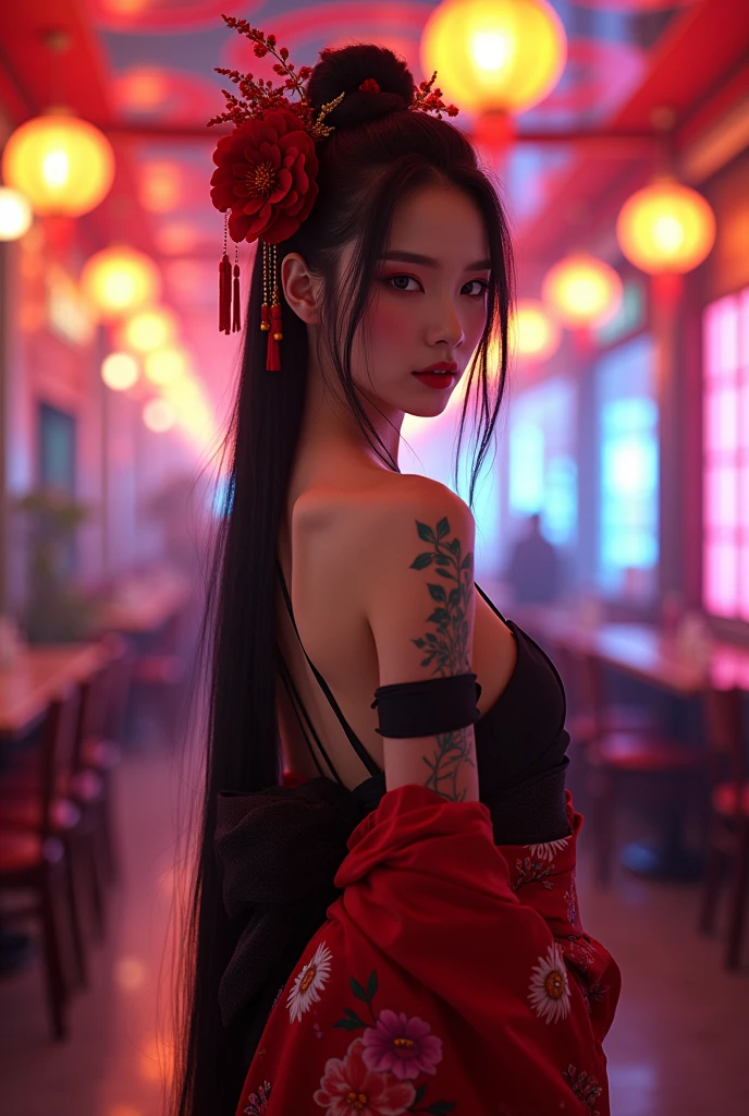 Create a beautiful geisha, a work of art, perfectly clear and expressive face, well-defined makeup, long black hair tied on top of the head, red flower in the hair detailed details, lock of hair on the face, (((a slender and beautiful, slightly tanned with tattoos on arms and legs in colorful designs))), red floral strappy dress on black satin falling over the legs, ((vibrant cyber neon environments, lantern lights, intricate typical Chinese neon designs on the ceiling and walls inside a typical Chinese restaurant)) UHD, 8k.