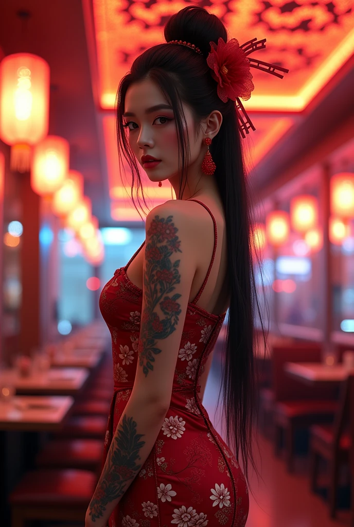 Create a beautiful geisha, a work of art, perfectly clear and expressive face, well-defined makeup, long black hair tied on top of the head, red flower in the hair detailed details, lock of hair on the face, (((a slender and beautiful, slightly tanned with tattoos on arms and legs in colorful designs))), red floral strappy dress on black satin falling over the legs, ((vibrant cyber neon environments, lantern lights, intricate typical Chinese neon designs on the ceiling and walls inside a typical Chinese restaurant)) UHD, 8k.