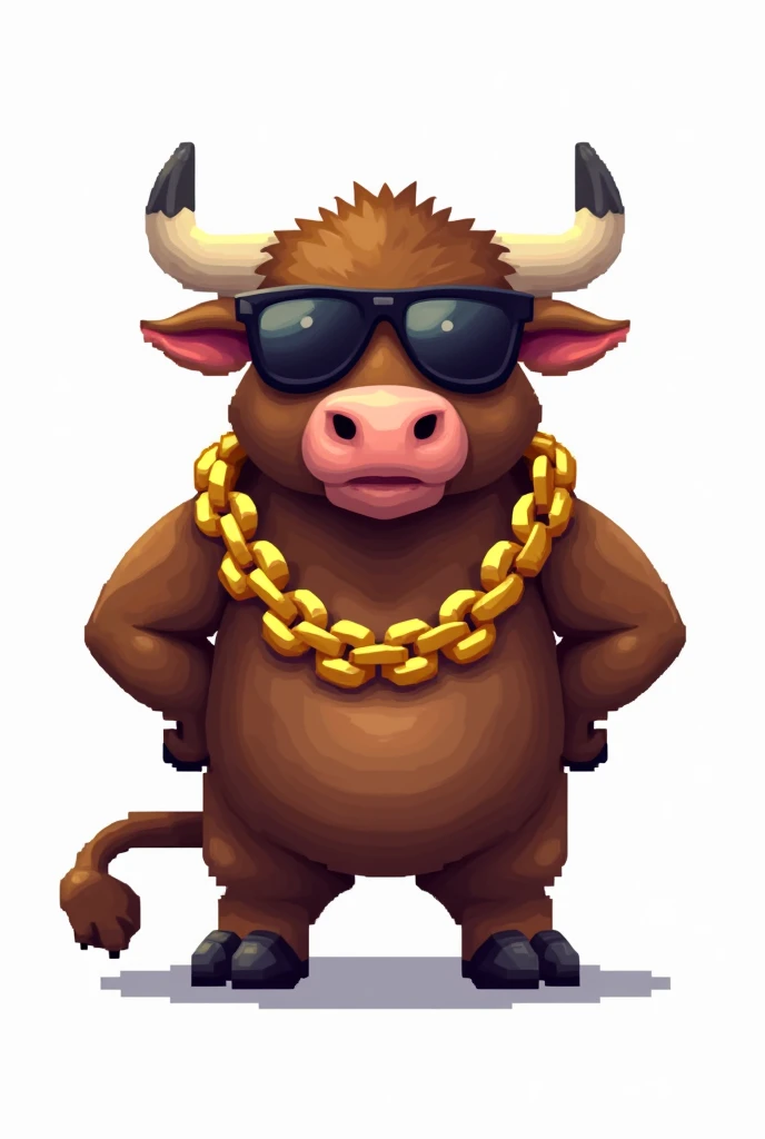a brown pixelated bull wearing sunglasses and a thick gold chain posing for a photo with a white background 32x32