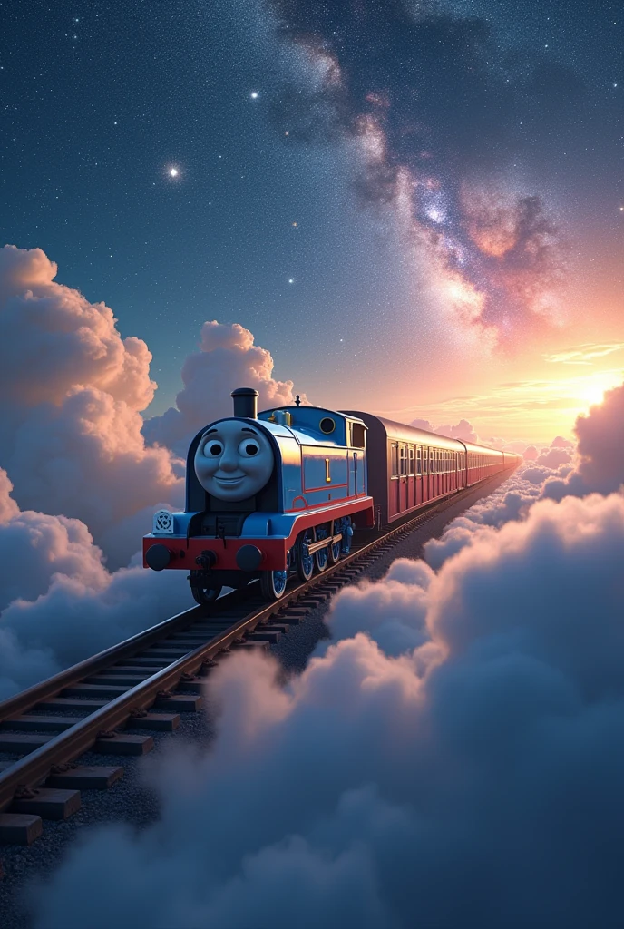 A Thomas &amp; Friends-style spaceship pulls a passenger train through the clouds、Towards space,A spaceship emerges from the clouds,(SF的なcomely機体:2.0),(The background is the universe and the Milky Way:1.6),work of art,highest quallity,ultra-high resolution,(very detailled),8k,realisitic,better aesthetics,comely,(dynamic)