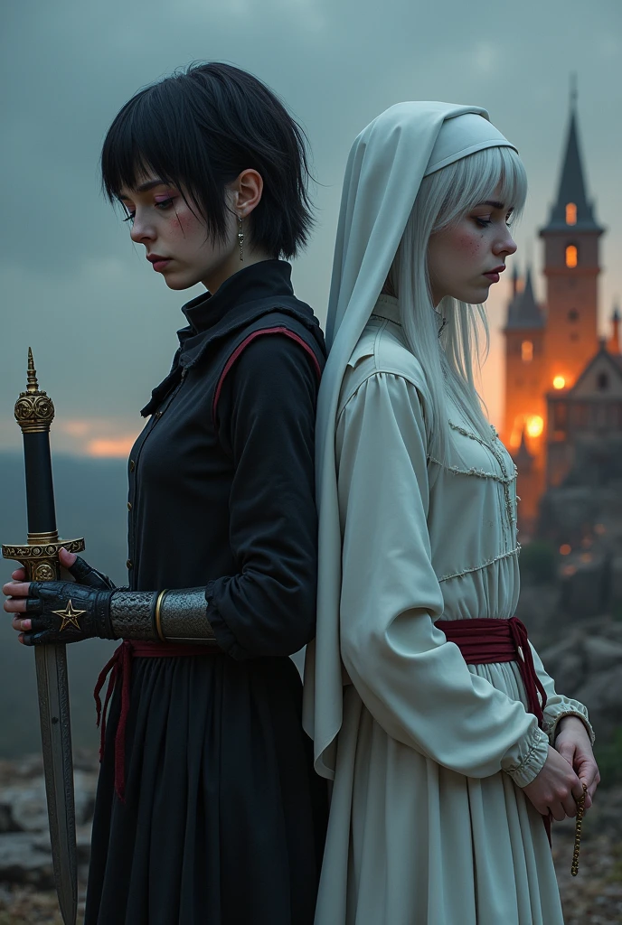 Two pale young women of the Middle Ages standing back to back with violet eyes, with the one on the left with a suffering eye, dark alchemist clothes and left arm with a steampunk technology prosthesis, holding a dagger with a pentagram, short black hair with a cut on the face, and the one on the right with white nun clothes holding a rosary with sad closed eyes long white hair with a burning castle behind , the night 