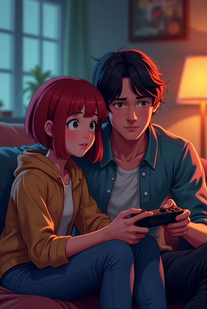 A girl white with haircut very short, red hair, playing videogames with a boyfriend, a man swarm with haircut very long, han blackhair