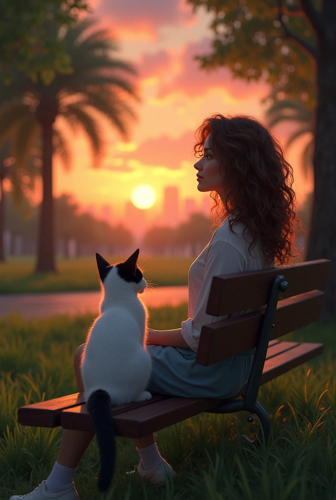 A 20 year old girl with curly hair sitting in a park watching the sunset with a white cat with black ears next to her