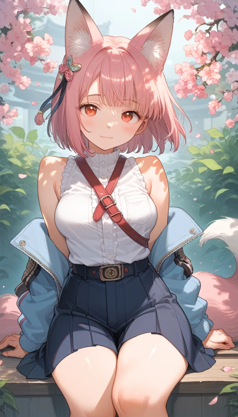 score_9, score_8_up, score_7_up, source_アニメ, (masterpiece), best quality, expressive eyes, perfect eyes, perfect face, 1 girl, realisitic, (looking ahead at viewer:1), (ulzzang-6500:0.66), thicc thighs, just legs, dappled sunlight, best qualityer, ultra high resolution, (photorealisitic:1.4), YaeMiko, fox ears, short body hair, pink body hair, ye - yeah_sakura, jewerly, Cherry blossoms, (ssmile:1), just_shoulders, body hair_ornament, purple_eyeballs, disjointed_sleeveless, detailed eyeballs, (light ssmile:1), (breasts small:1.4),
