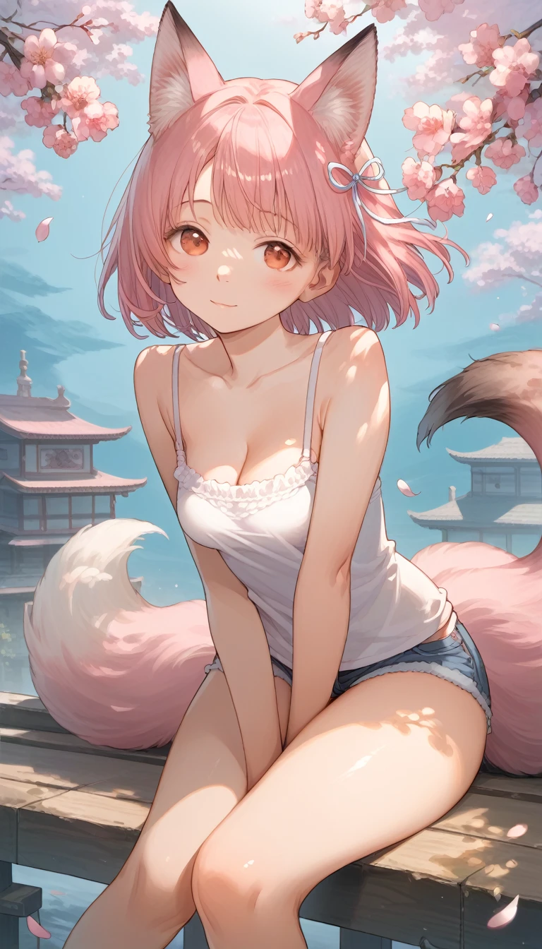 NSFW、Very beautiful and shining eyes、shining eyes、stinky eyes、1 girl、small breasts、big mouth、small breasts、Cat ear、Transparent pink short hair、scarf、hot pants、Near the future、neon、balls of light、young 、Childish clothes、Cherry blossoms at night