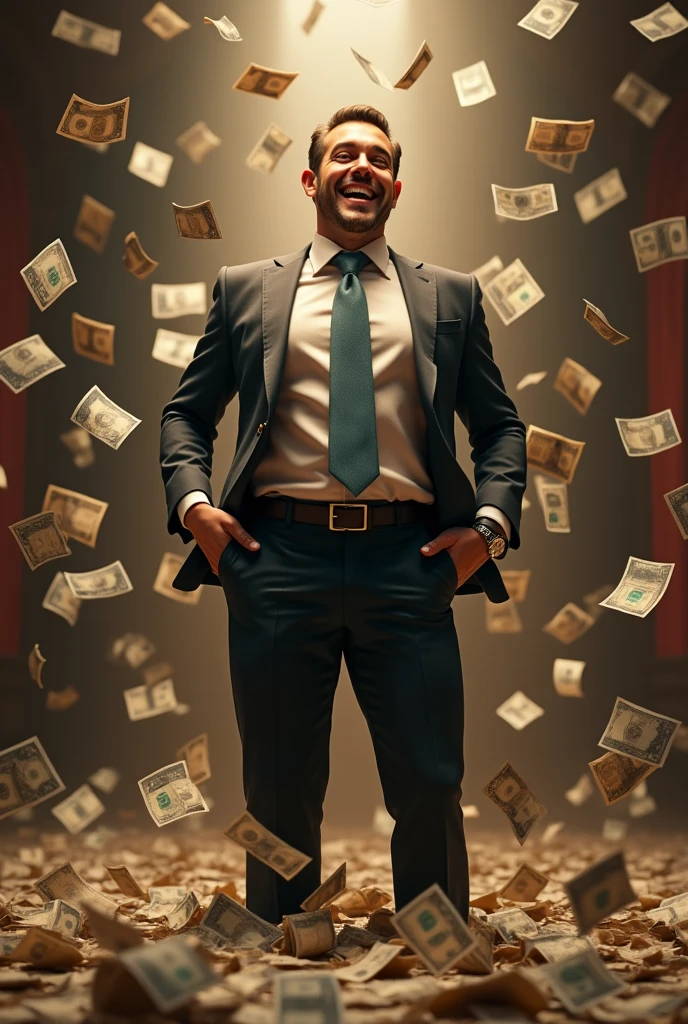 happy man, WITH A LOT OF MONEY THROWN ON THE FLOOR AND IN YOUR POCKETS