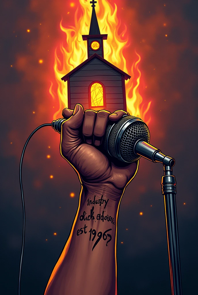 A Hip-hop song cover art with titled "INDUSTRY ADDRESS." Also on it there should be a muscular African hand with a clearly written tattoo "LiB Dax EST 1996" holding a microphone. At the end of the microphone rope there should be a burning church