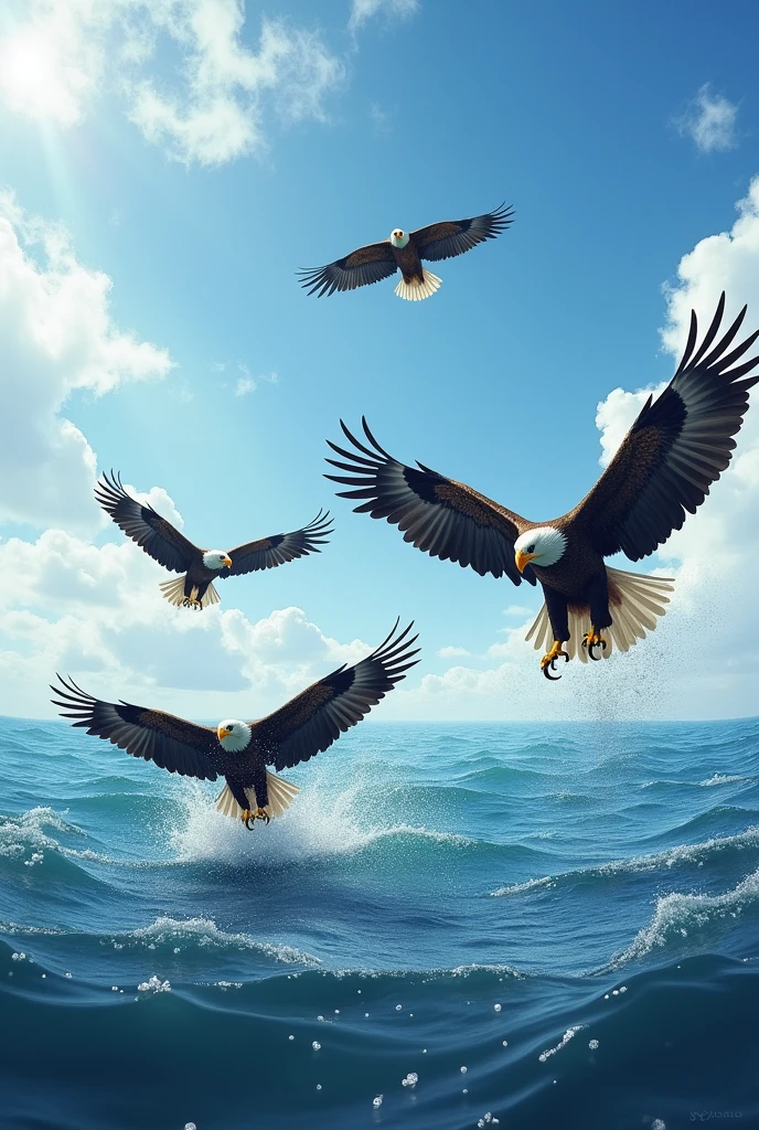 3 eagles fishing in the sea and 1 watching from the sky