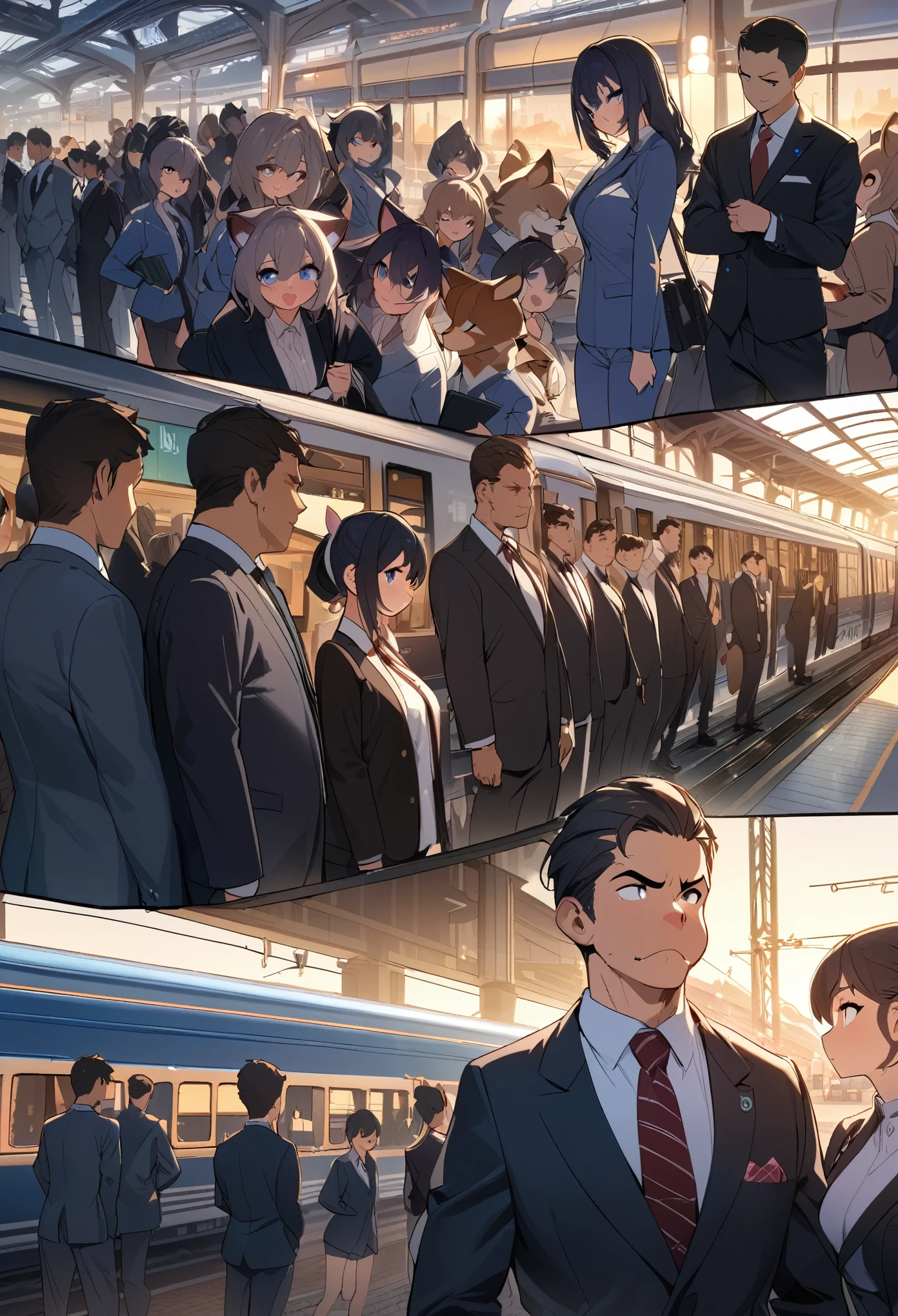 top quality, best quality, High-quality illustrations, masterpiece, super high resolution, detailed background, station, train, station shop, student, salary, suits, evening, 6+boys, 6+girls, absurdres(highly detailed beautiful face and eyes)perfect anatomy, expression, good lighting, good cinematic shadow(kemono, furry anthro)assorted poses, dynamic angle,