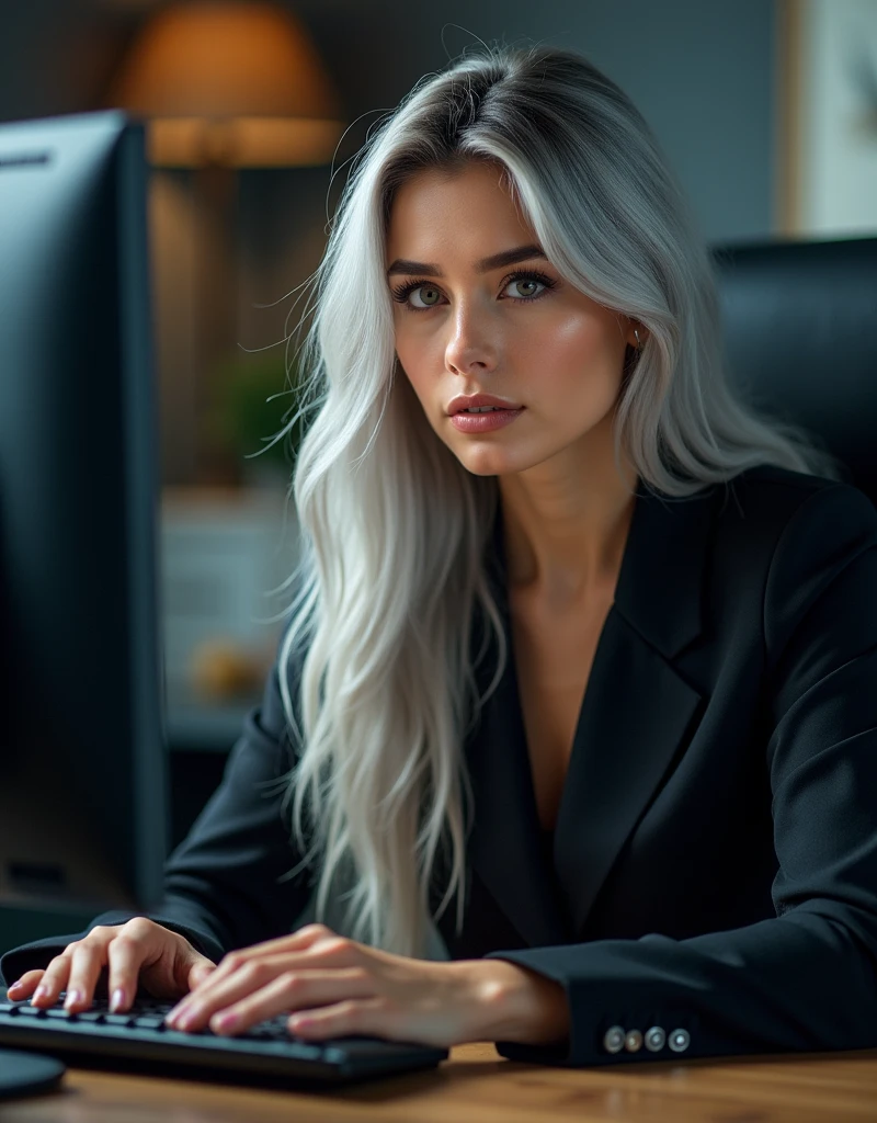 a beautiful girl with long silver grey hair, detailed eyes, nose, and lips, wearing  professional outfit, siting in her office, using her computer, hp comuter (best quality,4k,8k,highres,masterpiece:1.2),ultra-detailed,(realistic,photorealistic,photo-realistic:1.37),HDR,studio lighting,extremely detailed face and body, portrait,cinematic lighting,dramatic lighting,warm color tones,dramatic colors