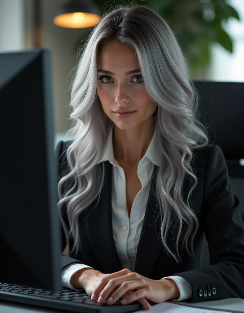 a beautiful girl with long silver grey hair, detailed eyes, nose, and lips, wearing professional outfit, siting in her office, using her computer, hp comuter (best quality,4k,8k,highres,masterpiece:1.2),ultra-detailed,(realistic,photorealistic,photo-realistic:1.37),HDR,studio lighting,extremely detailed face and body, portrait,cinematic lighting,dramatic lighting,warm color tones,dramatic colors