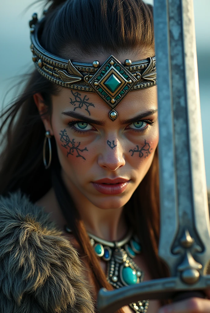 Close up of nordic warrior with sword in hand, Woman, blue eye, sword next to the face, large crown on head , necklace beautiful stones on the neck, tattooed face, Angry