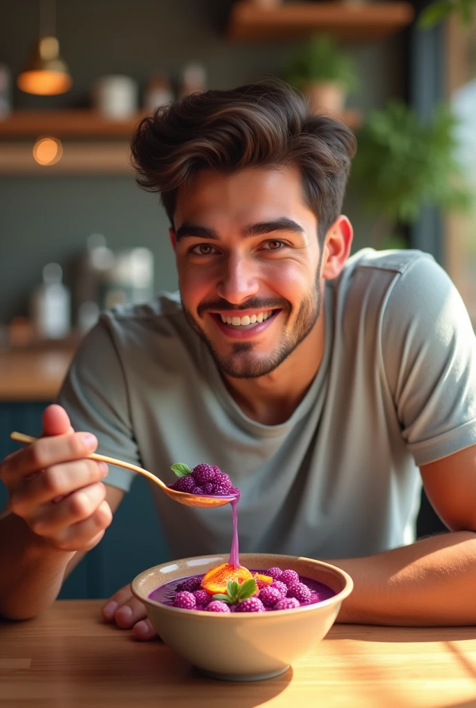 realistic young man, At the acai shop ,eating acai , ultra HD, high qualiy, best qualityer, high resolution 18k