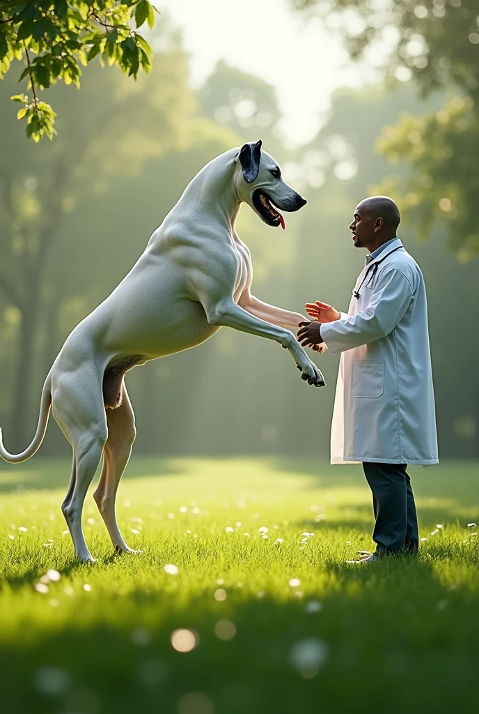 Adult male white Great Dane playing on grass with Malagasy doctor