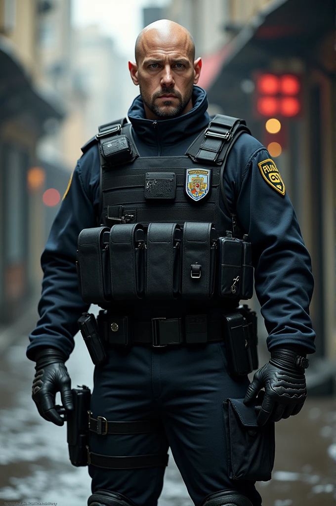 Police officer with combat vest on